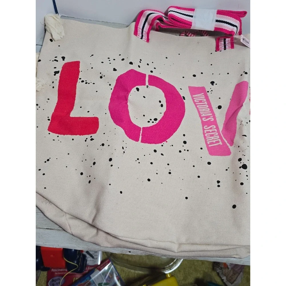Victoria's Secret Tote Bag Large Canvas Weekender Love ‎ Beach Tassels NWT $59
